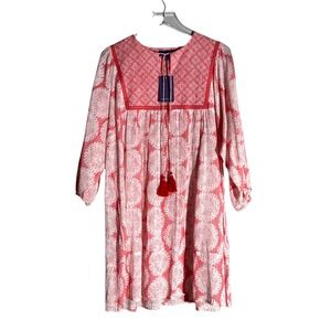 Ro's Garden Floral Pullover Tassel Bohemian Midi Dress Balloon Sleeve Small Pink